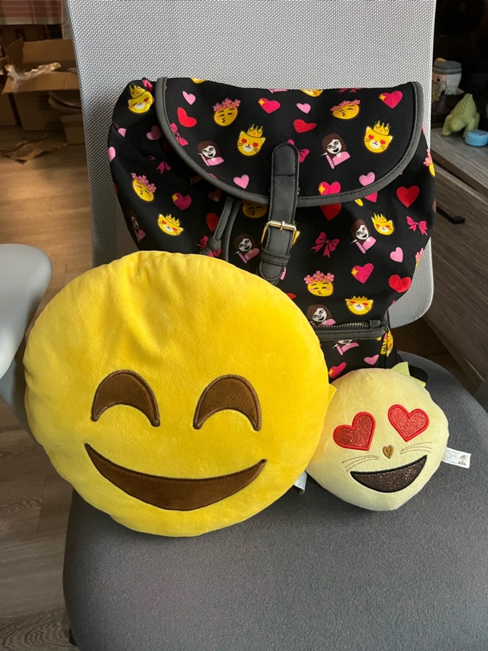 Black Emoji Print Backpack with Hearts & Bows plush bundle